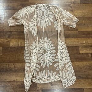 Rebellion Sheer Embroidered Kimono in Nude and White